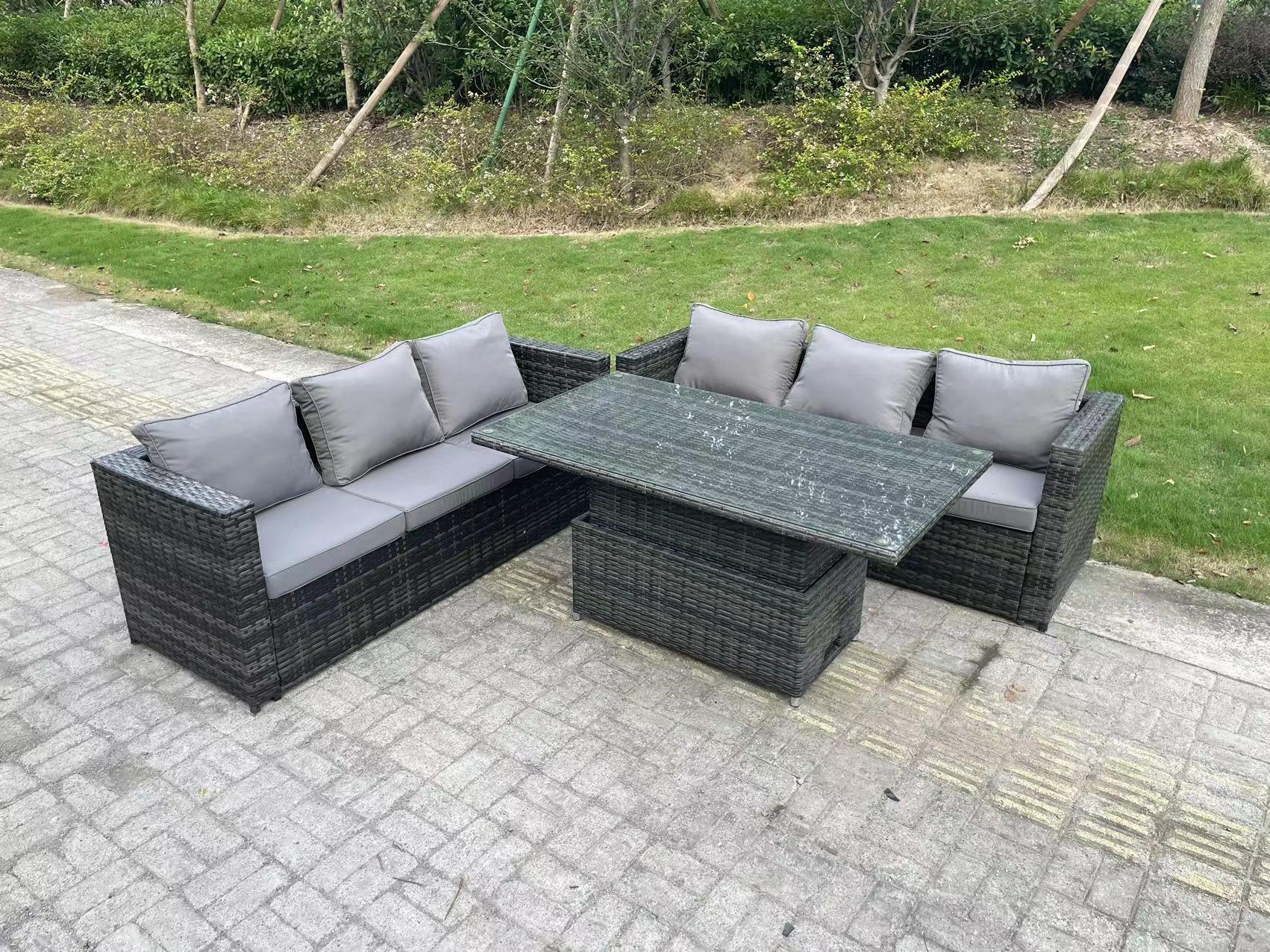 6 Seater Outdoor Rattan Sofa Set Garden Furniture Adjustable Rising Lifting Dining Table Dark Grey